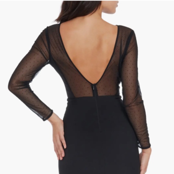 NEW DRESS THE POPULATION Black VAL Rhinestone ILLUSION MESH L/S Mermaid GOWN XS - Picture 4 of 13